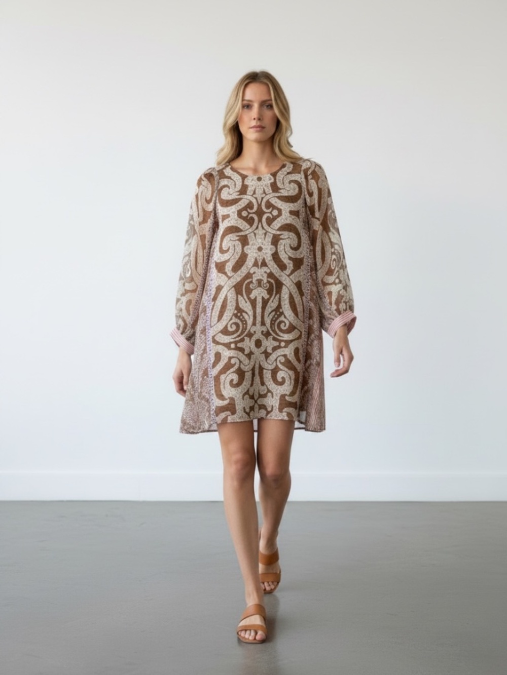 NEW D’ascoli 100% Silk Brown Printed Long Sleeve Nile Mini Dress